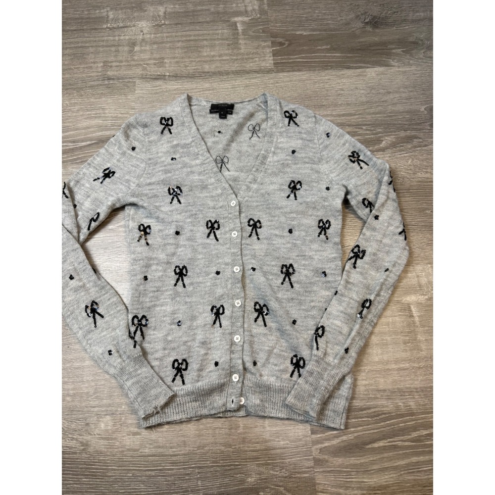 J.Crew Gray Alpaca Merino Wool Sequin Bow Cardigan Sweater M 30194
